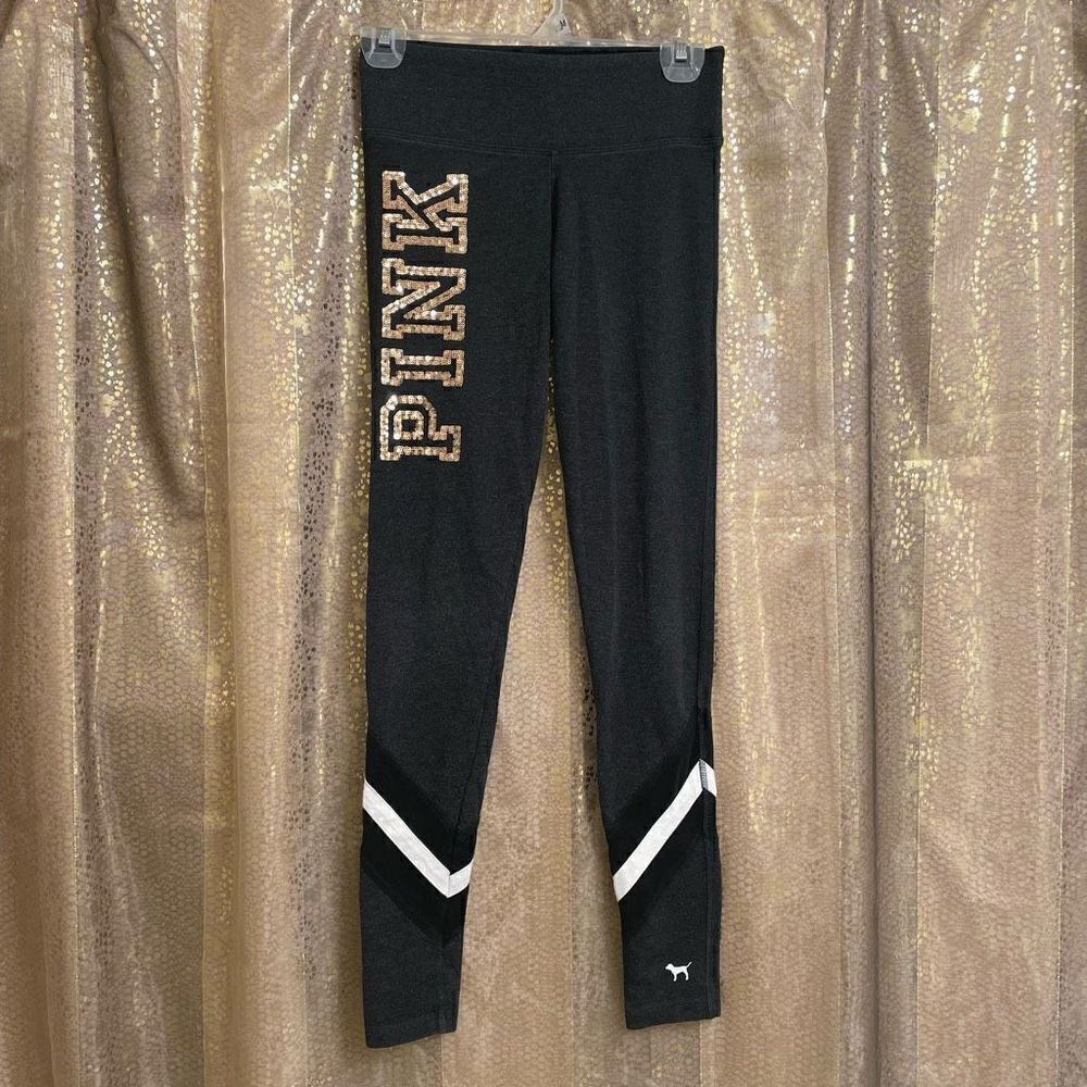 PINK Victorias Secret Dark Gray Gold Sequin Bling Yoga Leggings, XS